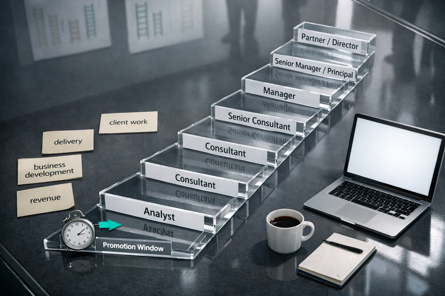 Management consulting career ladder on a glass conference table with laptop, notes, and promotion window.
