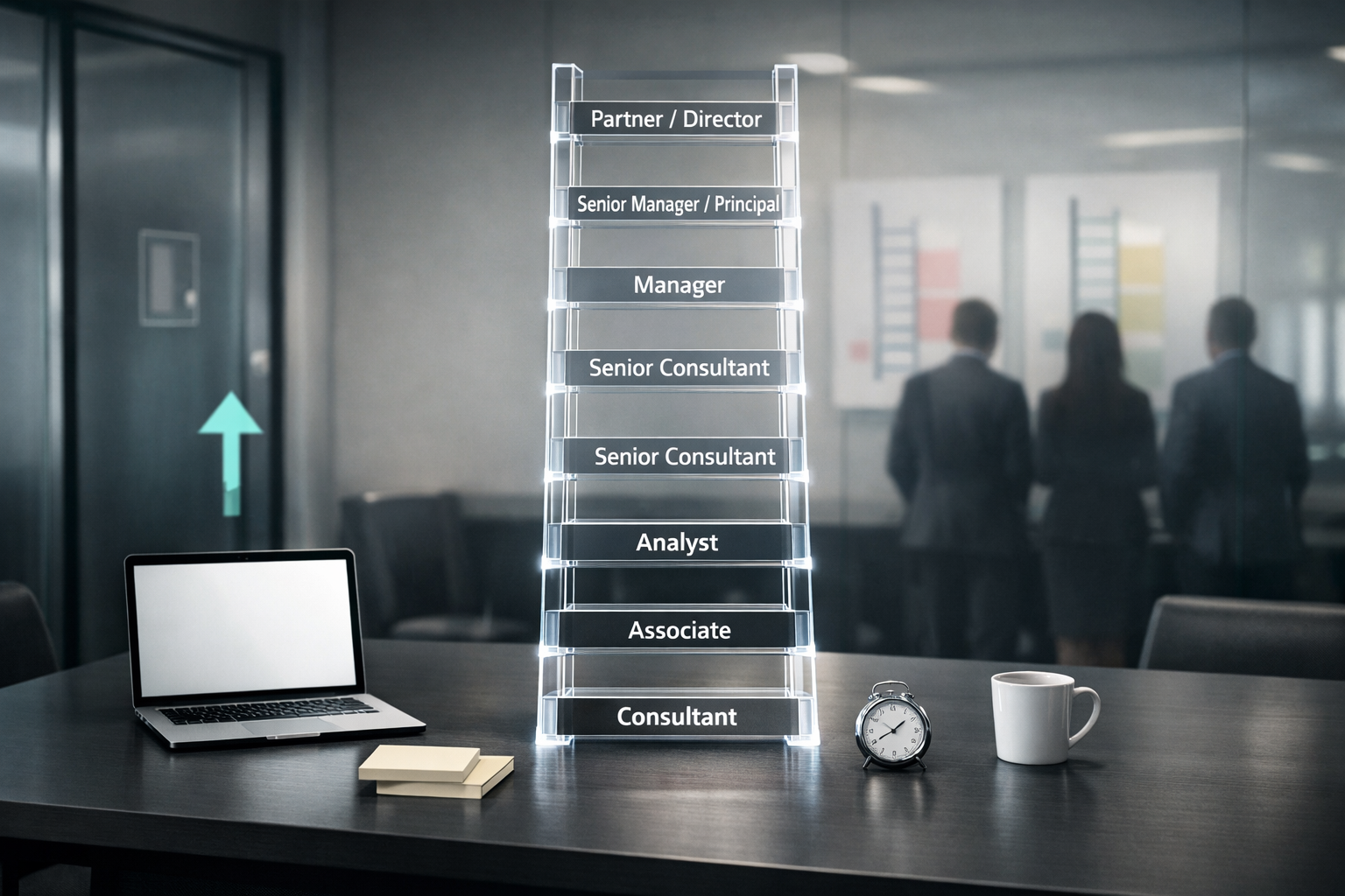 Modern management consulting room with clear ladder staircase labeled from Analyst to Partner/Director.